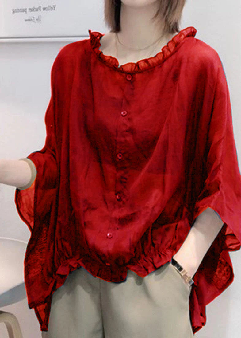 Purple Tops Ruffles Trim Half Sleeve Shirts Blouse