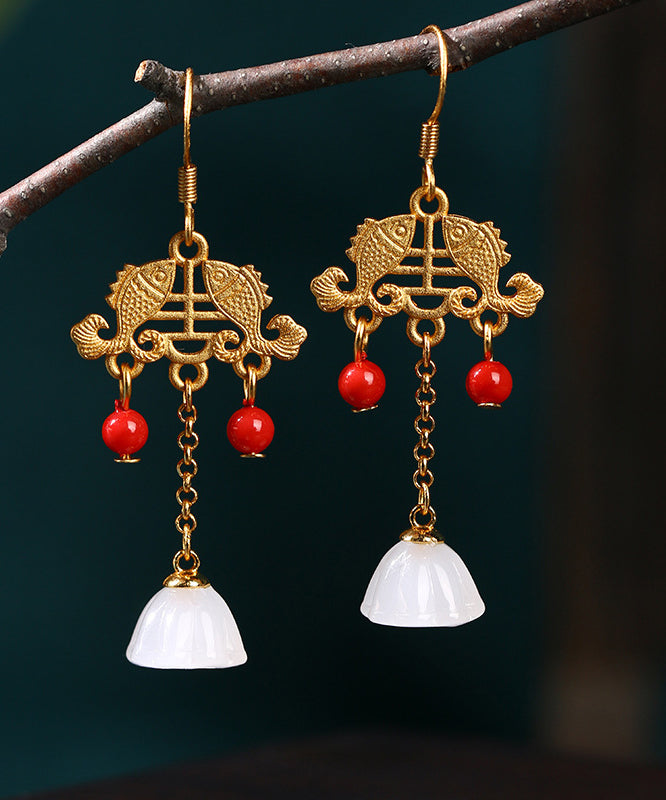 Regular Ancient Gold Inlaid Jade Gem Stone Lotus Flower Tassel Drop Earrings Kx1078