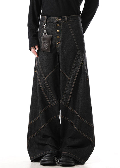 Retro Black Button Original Design Denim Wide Leg Pants