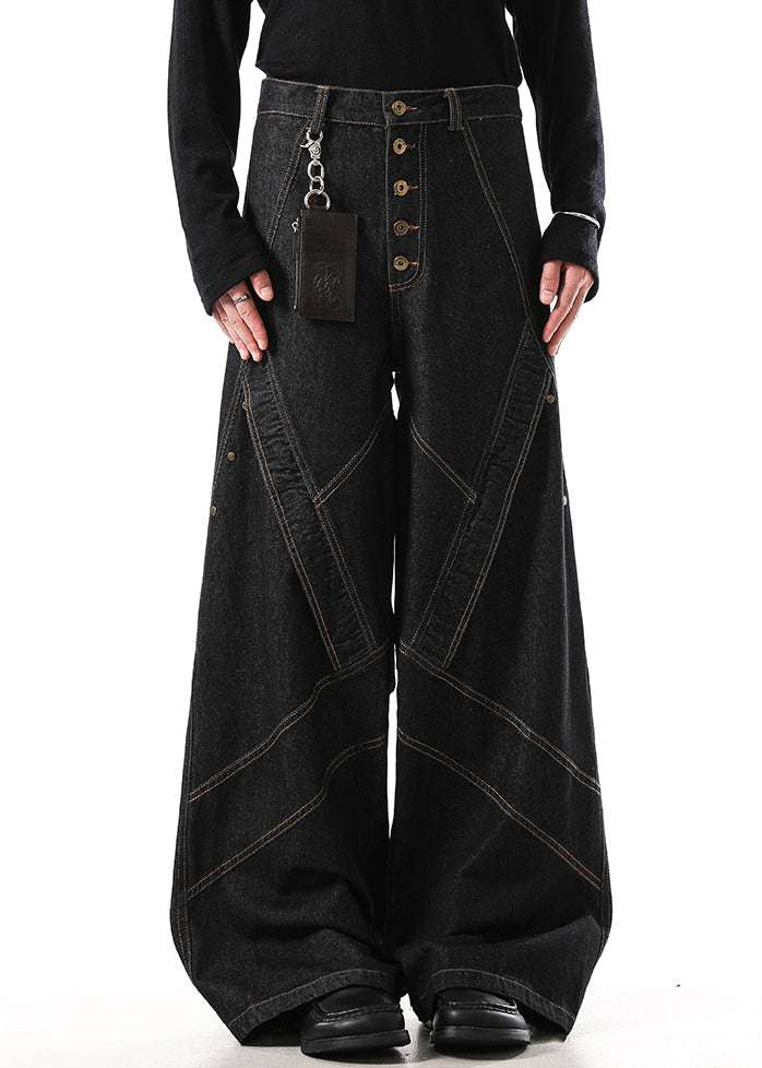Retro Black Button Original Design Denim Wide Leg Pants