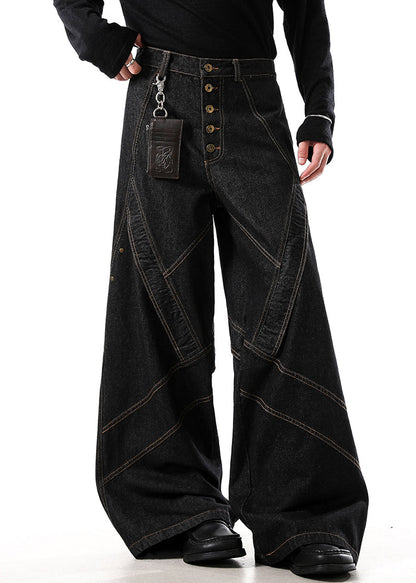 Retro Black Button Original Design Denim Wide Leg Pants