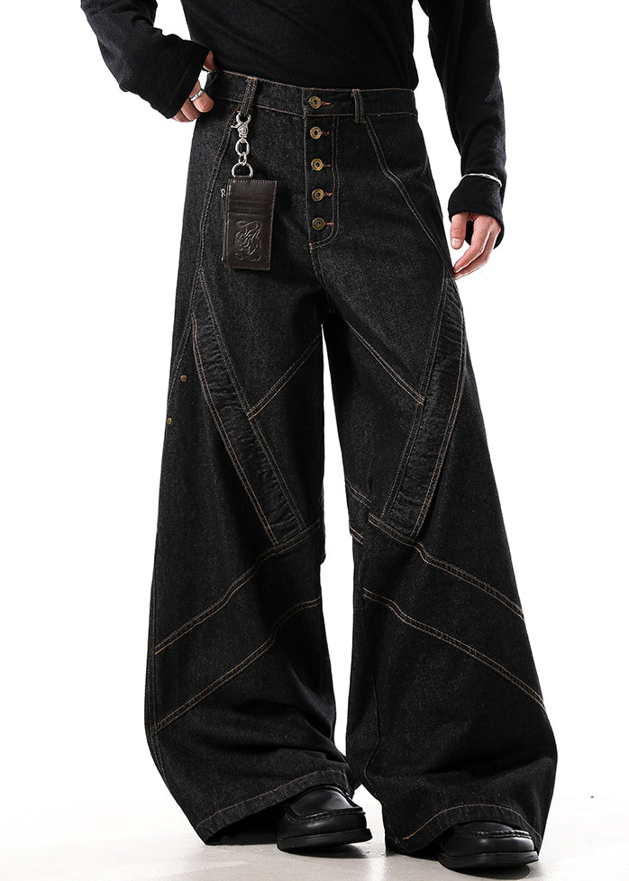 Retro Black Button Original Design Denim Wide Leg Pants