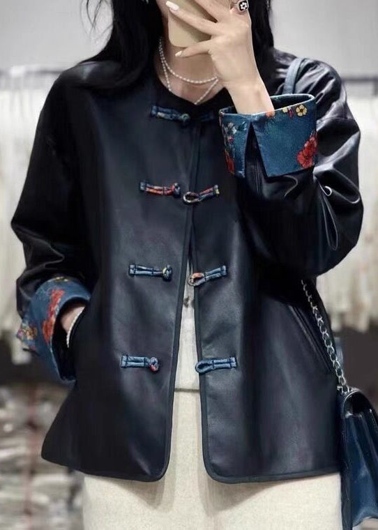 Retro Black O-neck Chinese Button Faux Leather Outwear Fall