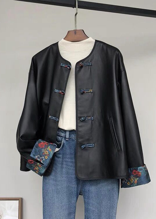 Retro Black O-neck Chinese Button Faux Leather Outwear Fall