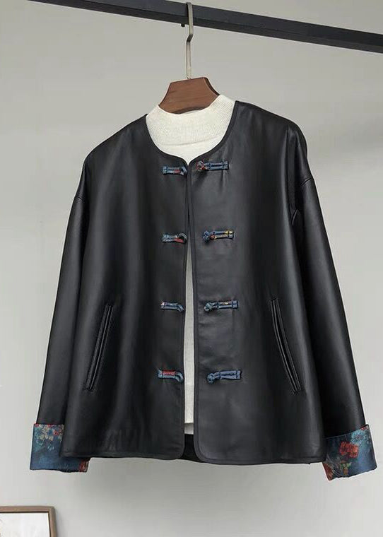 Retro Black O-neck Chinese Button Faux Leather Outwear Fall