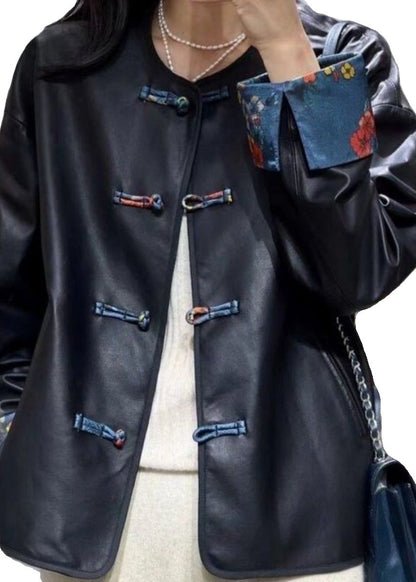 Retro Black O-neck Chinese Button Faux Leather Outwear Fall