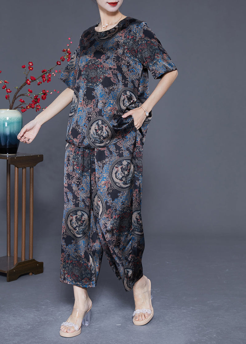 Retro Black O-neck Print Silk Tops and Pants Two Pieces Set Summer