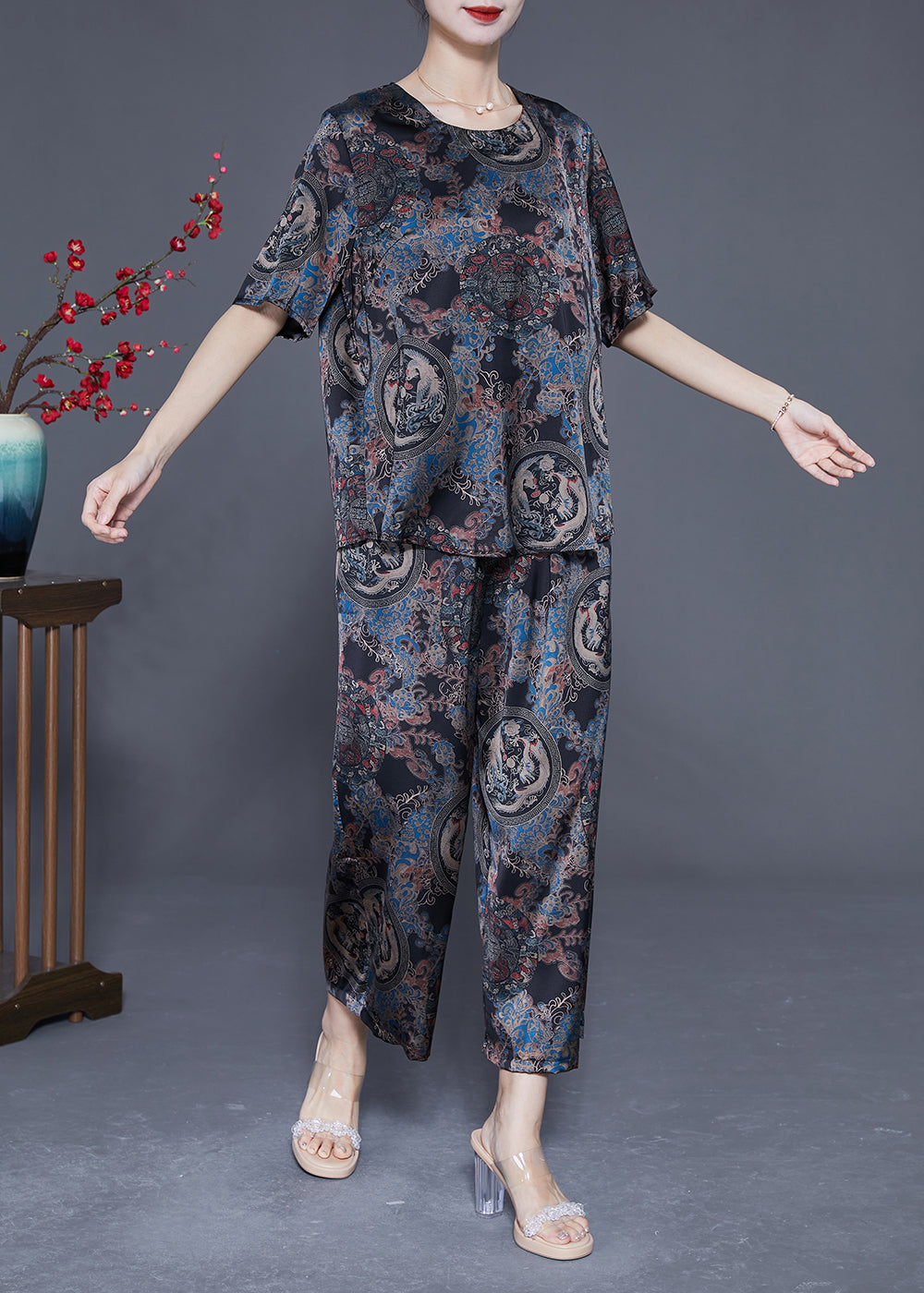 Retro Black O-neck Print Silk Tops and Pants Two Pieces Set Summer