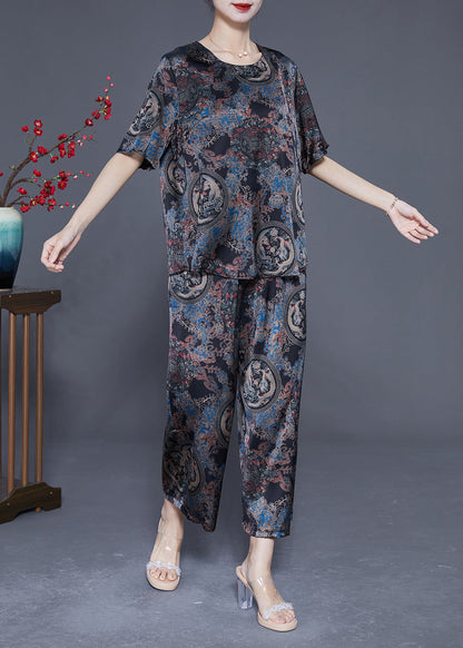 Retro Black O-neck Print Silk Tops and Pants Two Pieces Set Summer