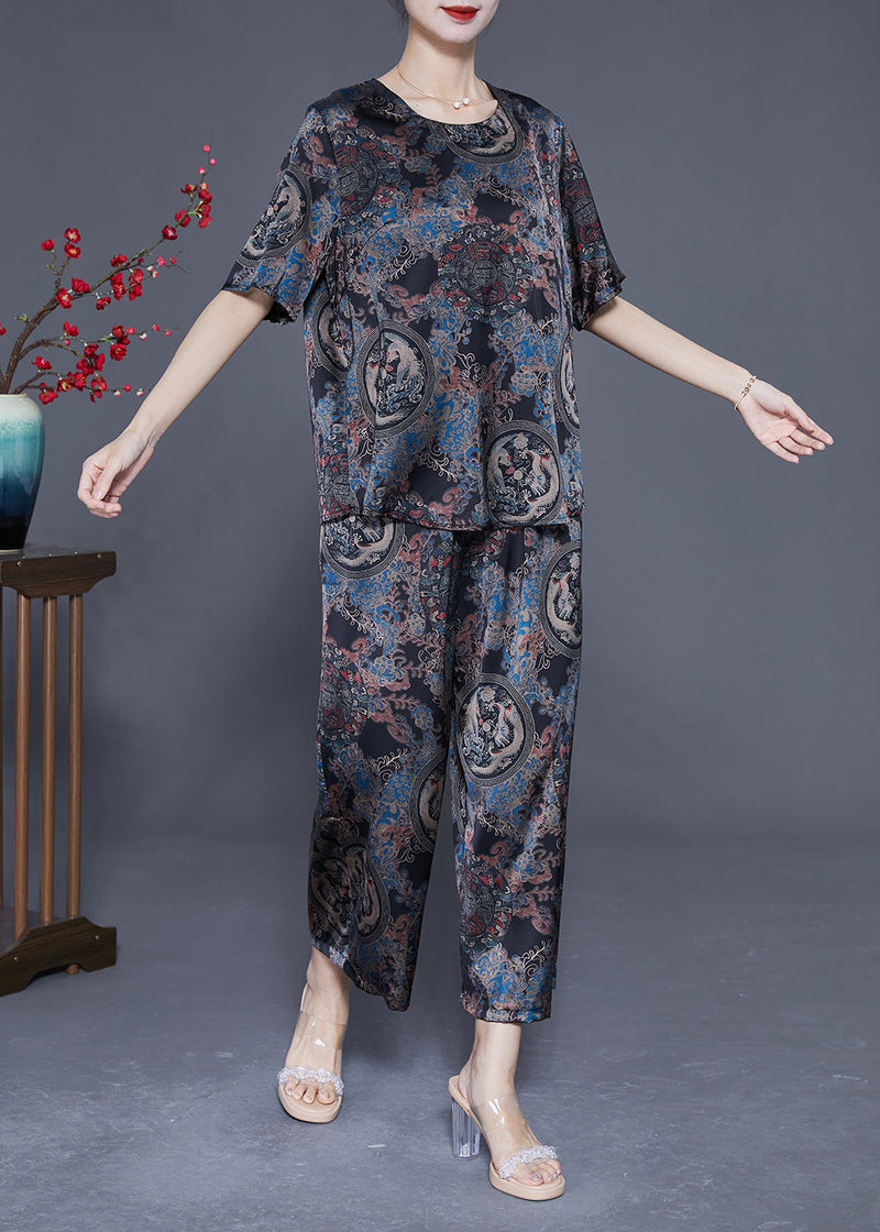 Retro Black O-neck Print Silk Tops and Pants Two Pieces Set Summer
