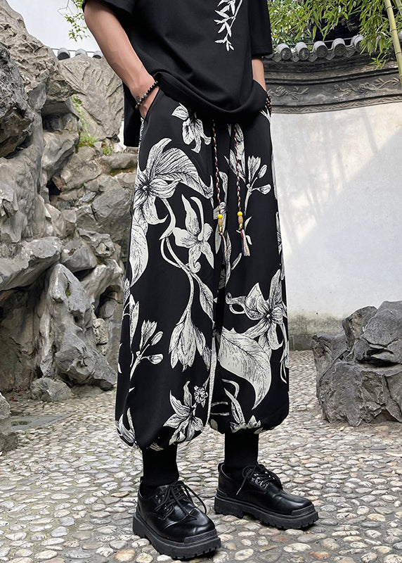 Retro Black Pockets Print Ice Silk Beam Pants Apparel Summer