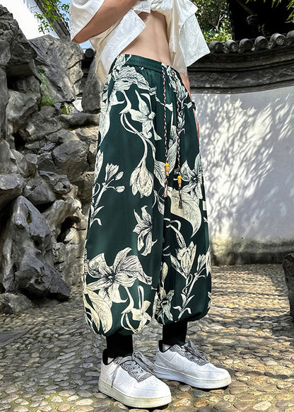 Retro Black Pockets Print Ice Silk Beam Pants Apparel Summer