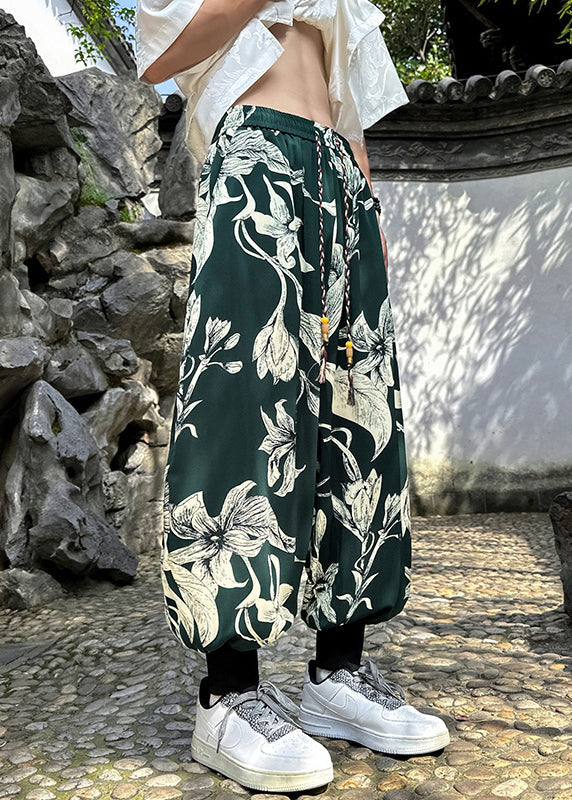 Retro Black Pockets Print Ice Silk Beam Pants Apparel Summer