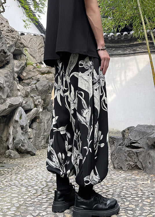 Retro Black Pockets Print Ice Silk Beam Pants Apparel Summer