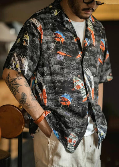 Retro Black Print Button Cotton Shirts Summer