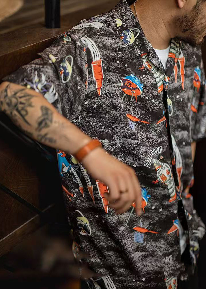 Retro Black Print Button Cotton Shirts Summer