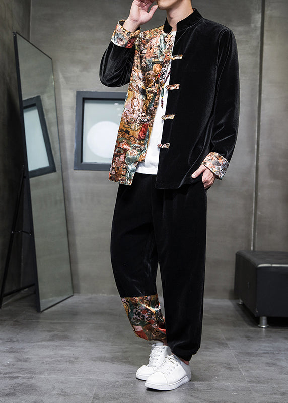 Retro Black Print Patchwork Corduroy Shirts and Pants Two Piece Set Spring