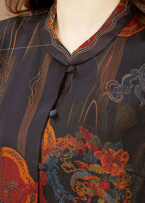 Retro Black Print Stand Collar Button Silk Blouse Top Half Sleeve