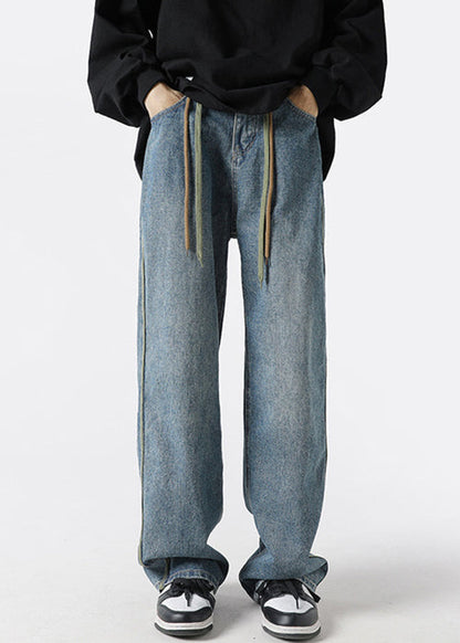 Retro Black Striped Lace Up Denim Pants Spring