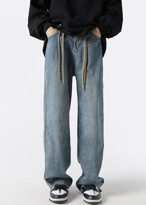 Retro Black Striped Lace Up Denim Pants Spring