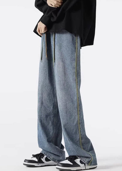 Retro Black Striped Lace Up Denim Pants Spring