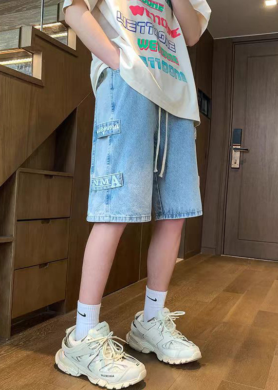 Retro Blue Letter Pockets Patchwork Denim Shorts Summer