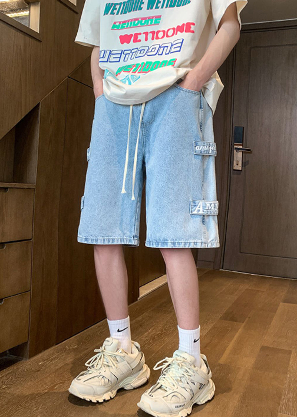 Retro Blue Letter Pockets Patchwork Denim Shorts Summer