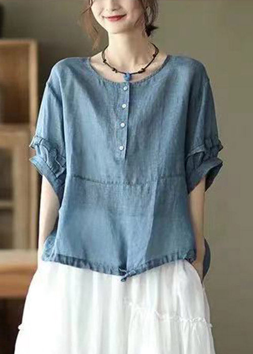 Retro Red O-neck Ruffled Button Drawstring Top Half Sleeve