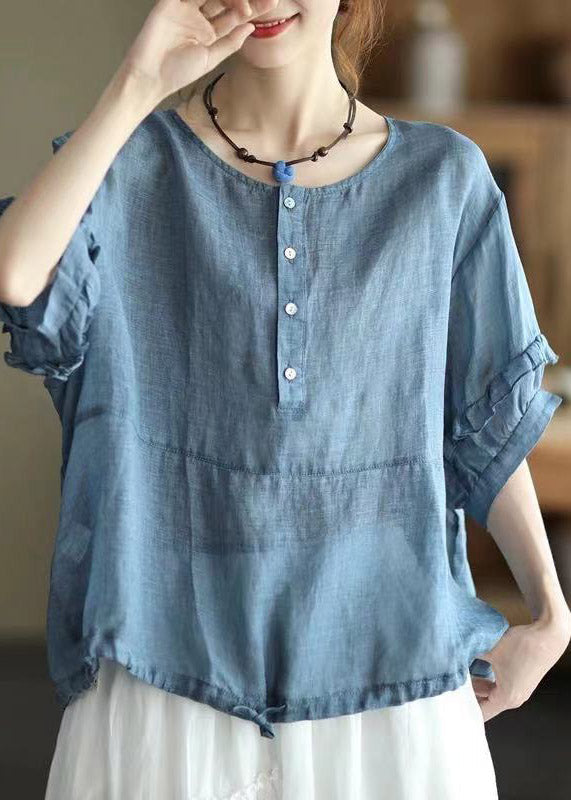 Retro Red O-neck Ruffled Button Drawstring Top Half Sleeve