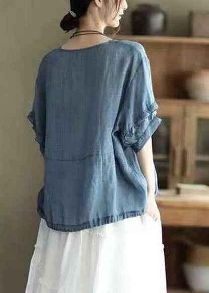 Retro Red O-neck Ruffled Button Drawstring Top Half Sleeve