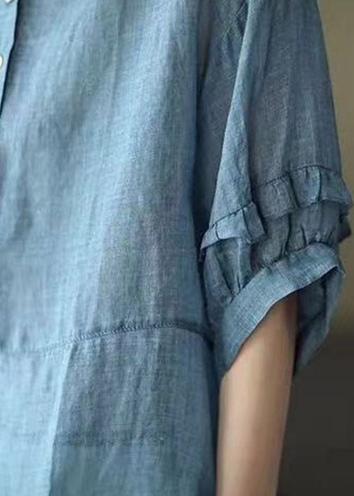 Retro Red O-neck Ruffled Button Drawstring Top Half Sleeve