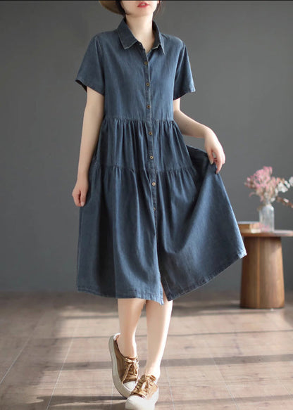 Retro Blue Patchwork Silk Vacation Denim Long Shirt Dresses Summer
