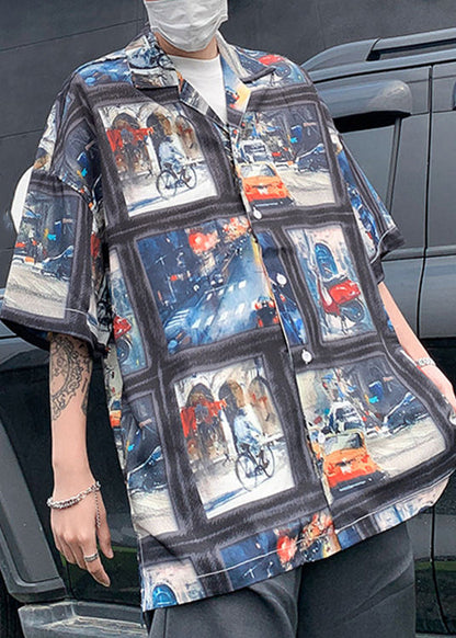 Retro Blue Print Original Design Ice Silk Shirts Half Sleeve