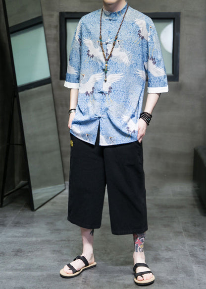 Retro Blue Stand Collar Print Chinese Button Shirts Coat Summer