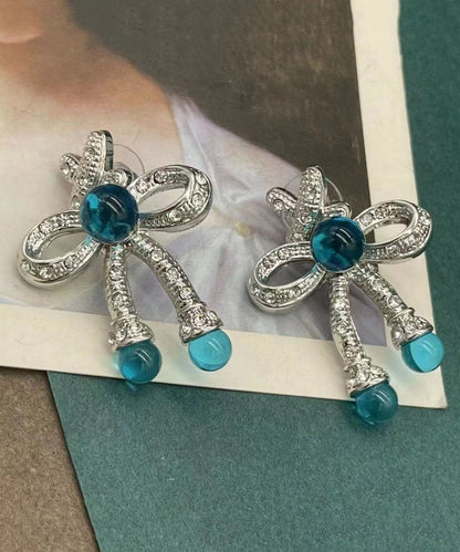 Retro Blue Sterling Silver Crystalcoloured Glaze Bow Stud Earrings