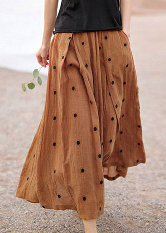 Retro Chocolate-flower4 Print Pockets Linen Skirt Summer