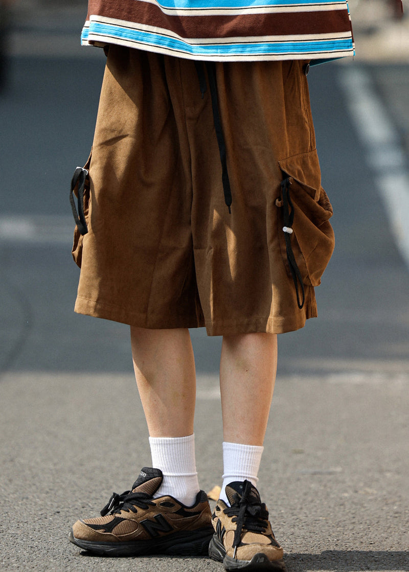 Retro Coffee Pockets Drawstring Cotton Shorts Summer
