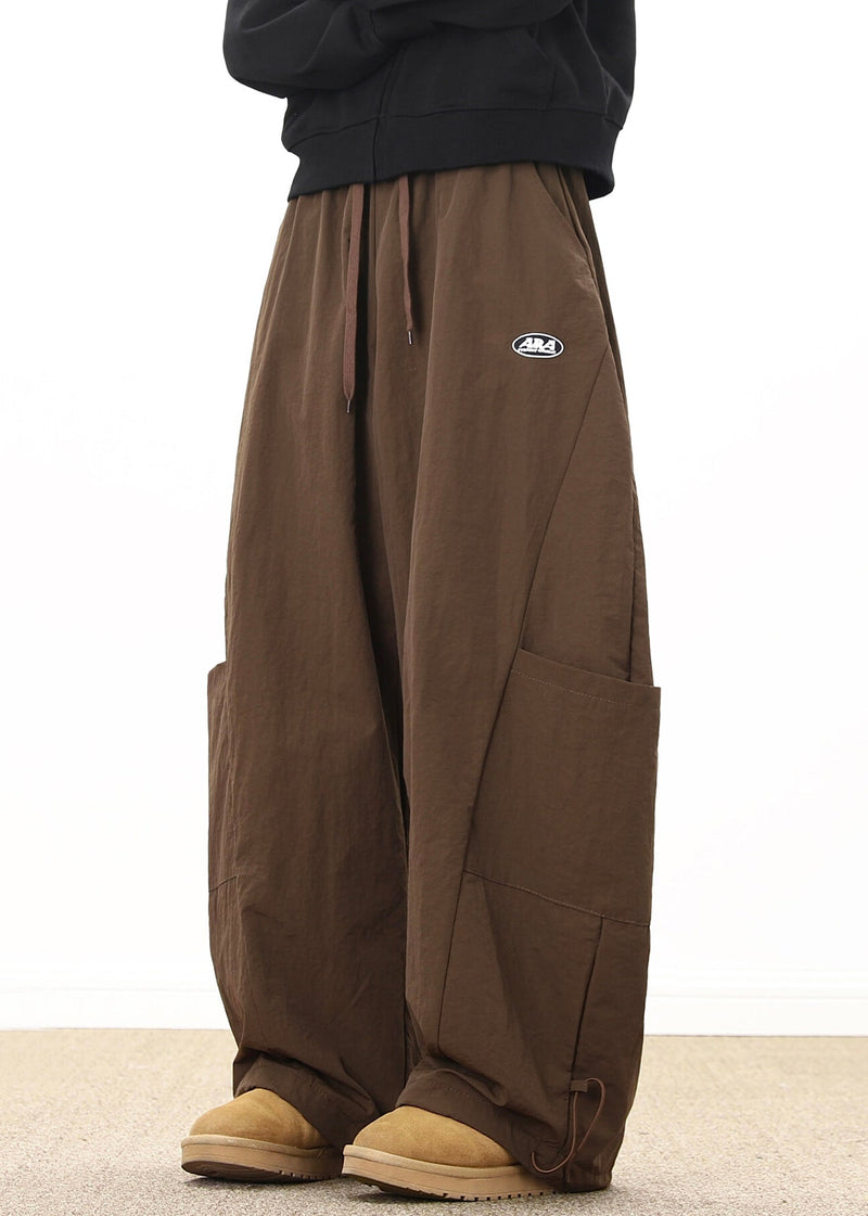 Retro Coffee Pockets Drawstring Elastic Waist Cotton Wide Leg Pants Spring