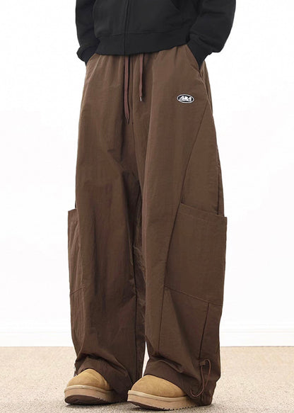 Retro Coffee Pockets Drawstring Elastic Waist Cotton Wide Leg Pants Spring