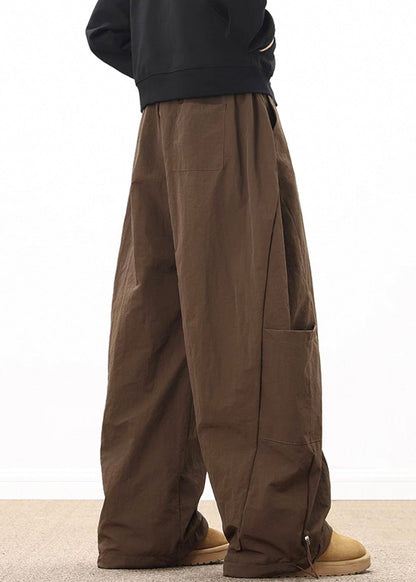 Retro Coffee Pockets Drawstring Elastic Waist Cotton Wide Leg Pants Spring
