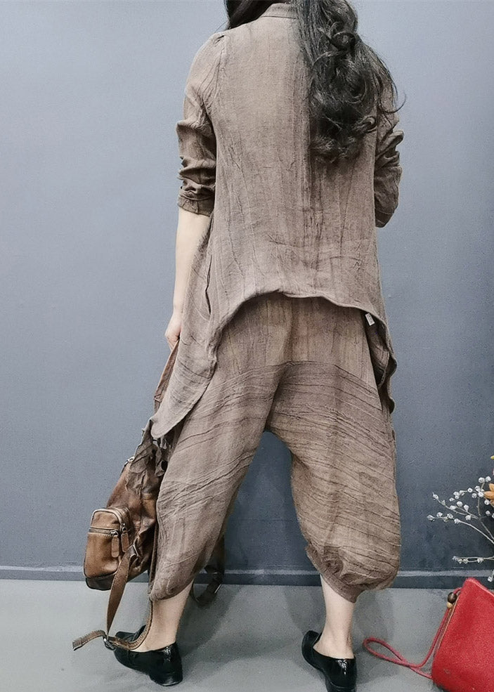 Retro Chocolate V Neck Tasseled Wrinkled Linen Coats and Lantern Pants Two Pieces Set Spring