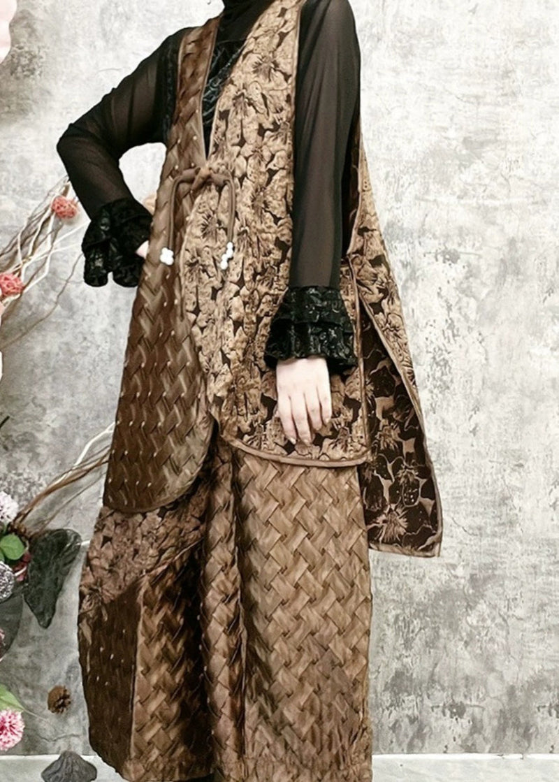 Retro Coffee Vest and Lantern Pants Cotton Filling Two-piece Set Winter