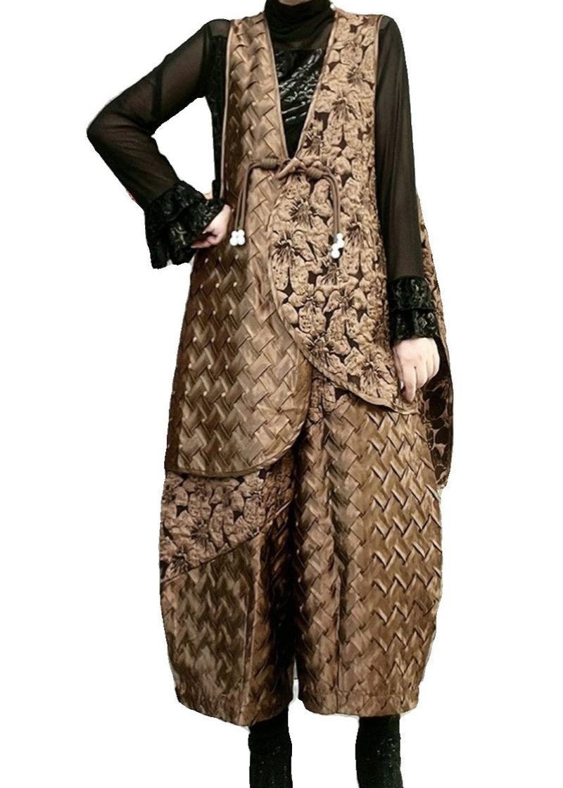 Retro Coffee Vest and Lantern Pants Cotton Filling Two-piece Set Winter