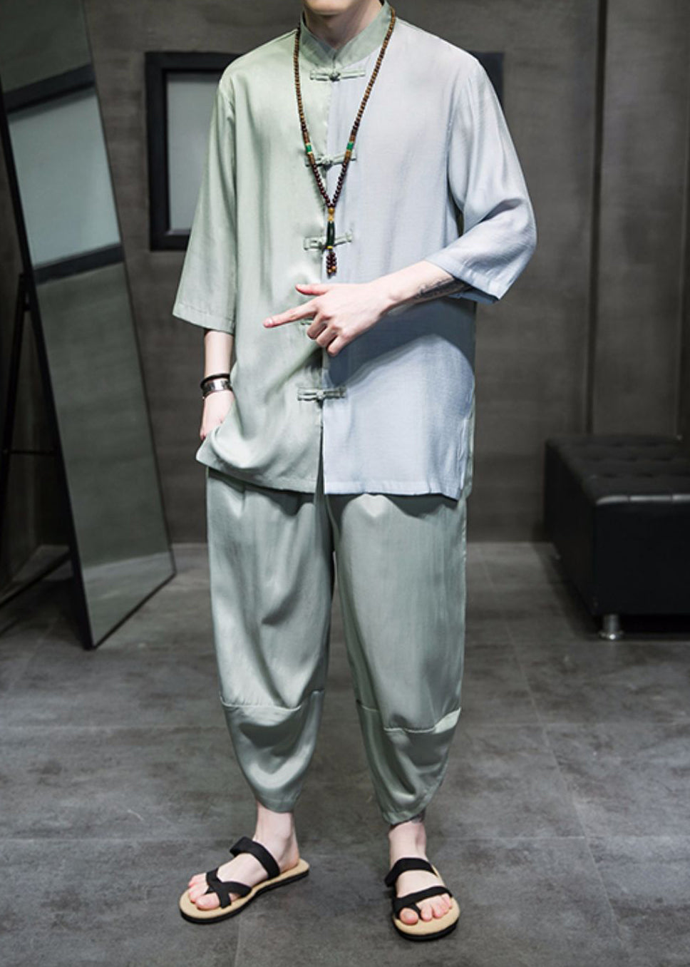 Retro Cyan Stand Collar Patchwork Ice Silk Shirt and Crop Pants Two Piece Set Half Sleeve