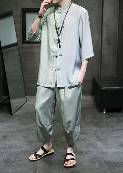 Retro Cyan Stand Collar Patchwork Ice Silk Shirt and Crop Pants Two Piece Set Half Sleeve