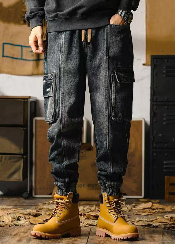 Retro Denim Blue Pockets Beam Pants Elastic Waist Spring