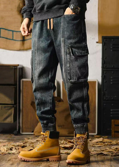 Retro Denim Blue Pockets Beam Pants Elastic Waist Spring
