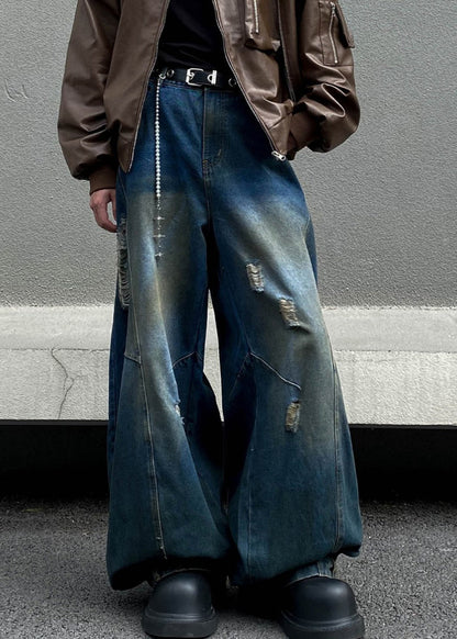 Retro Denim Navy Asymmetrical High Waist Hole Pants Fall
