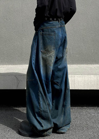 Retro Denim Navy Asymmetrical High Waist Hole Pants Fall