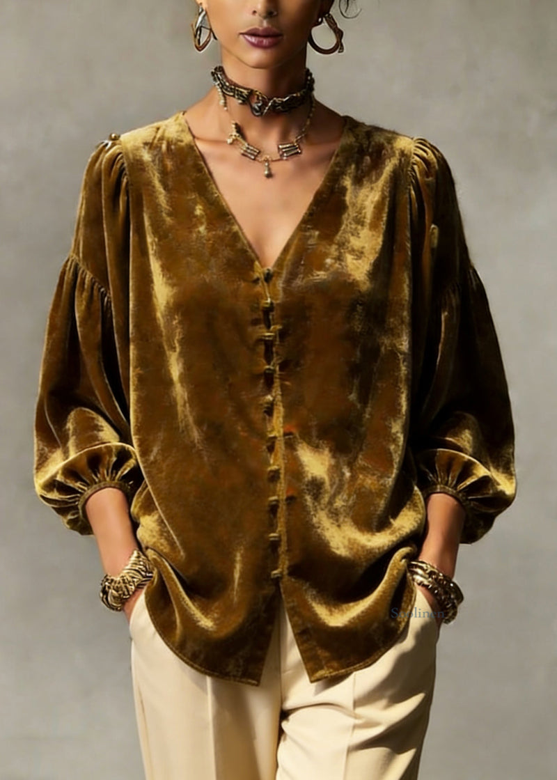 Retro Gold Yellow V Neck Patchwork Top Lantern Sleeve